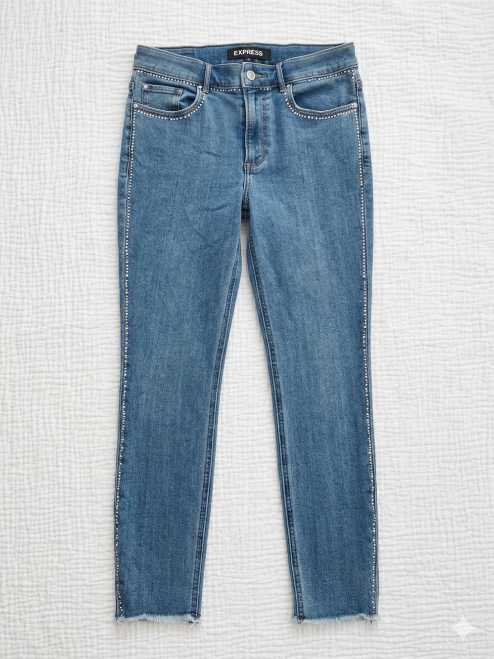 Express Women's Medium Blue Skinny Jeans with Side Rhinestone Trim